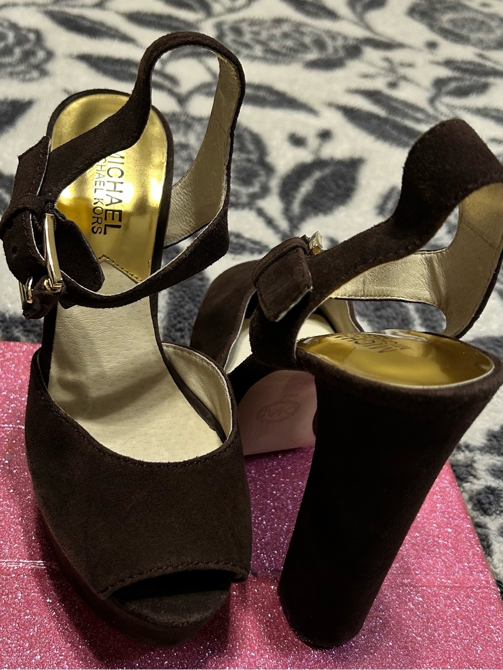 Michael Kors Dark Brown Suede Platform Block Heel Sandals